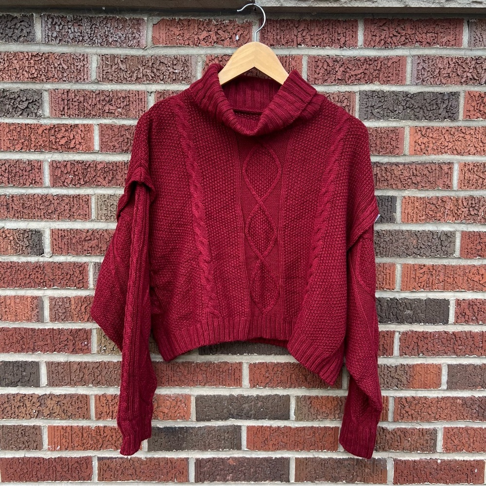 Wine Red Cable Knit Turtle Neck Oversized Cropped Sweater